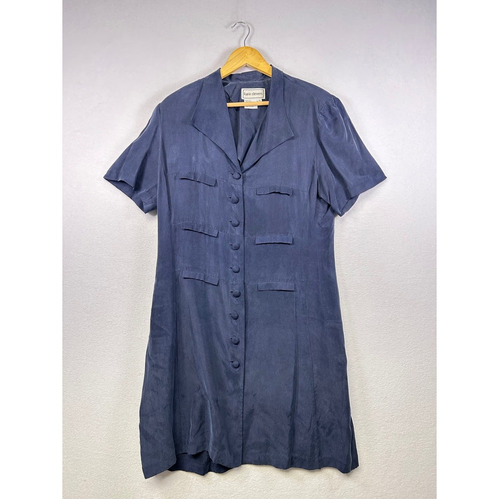 Vintage Karin Stevens Navy Blue Button Front Short Sleeve Shirt Dress Size 14